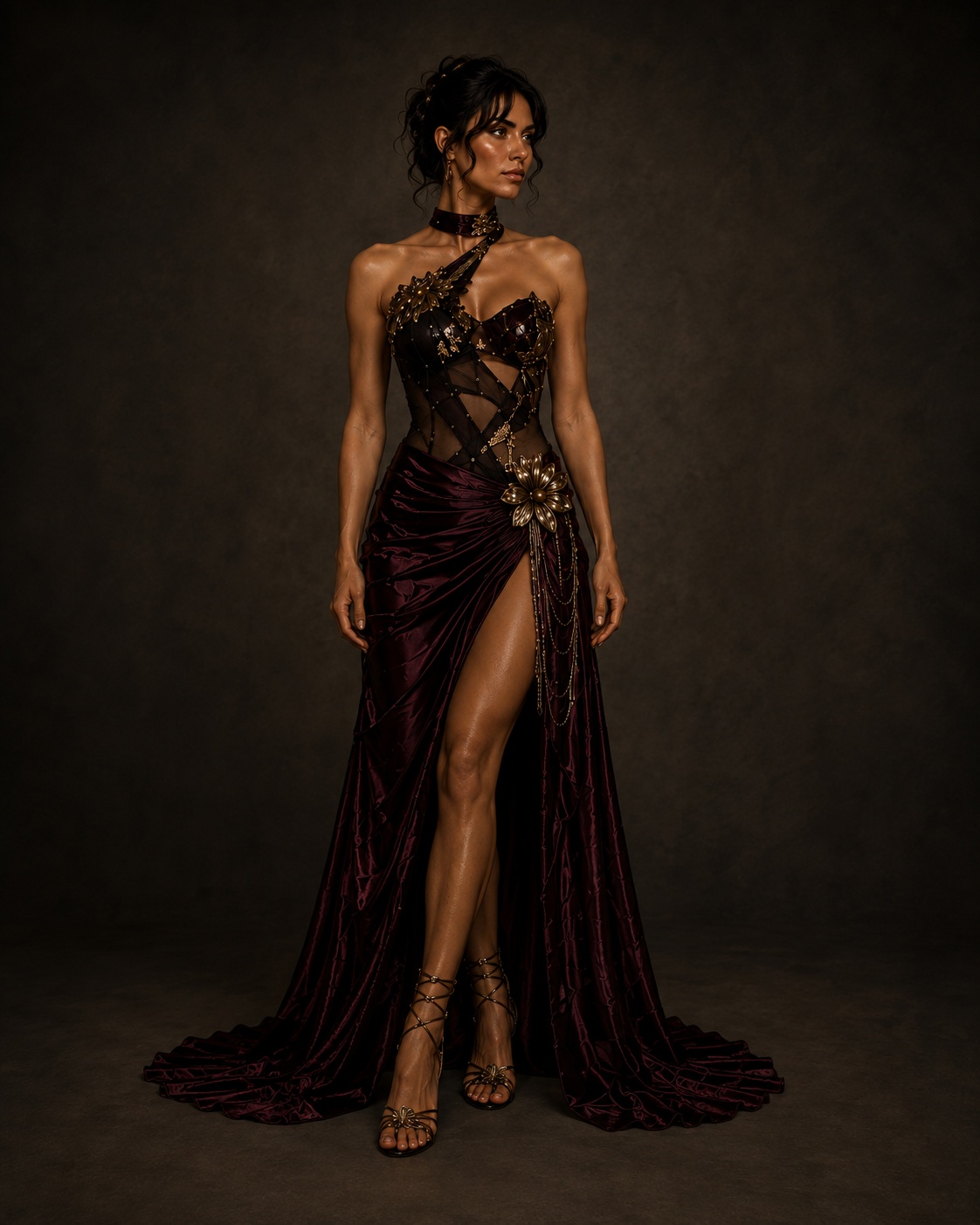 Nocturne, a burgundy silk-blend satin gown with sculptural draping