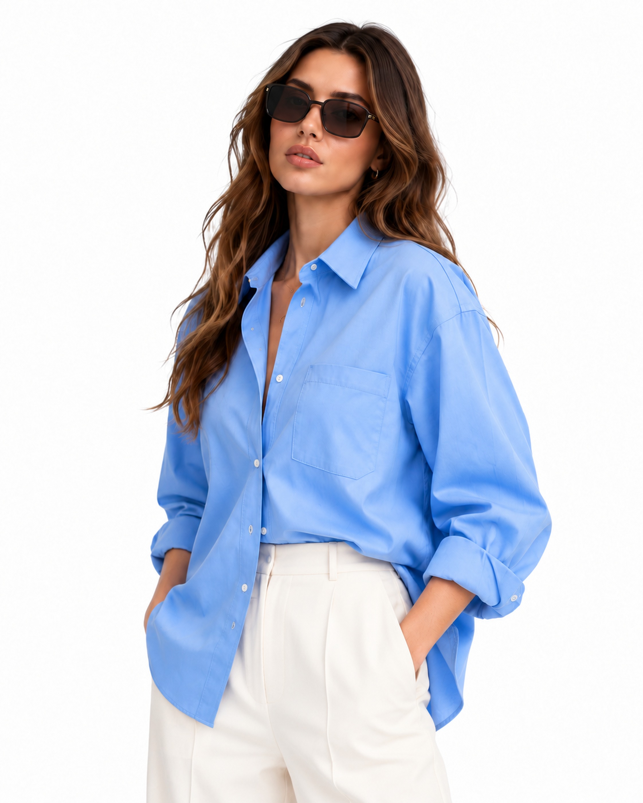 Woman in an oversized cream shirt