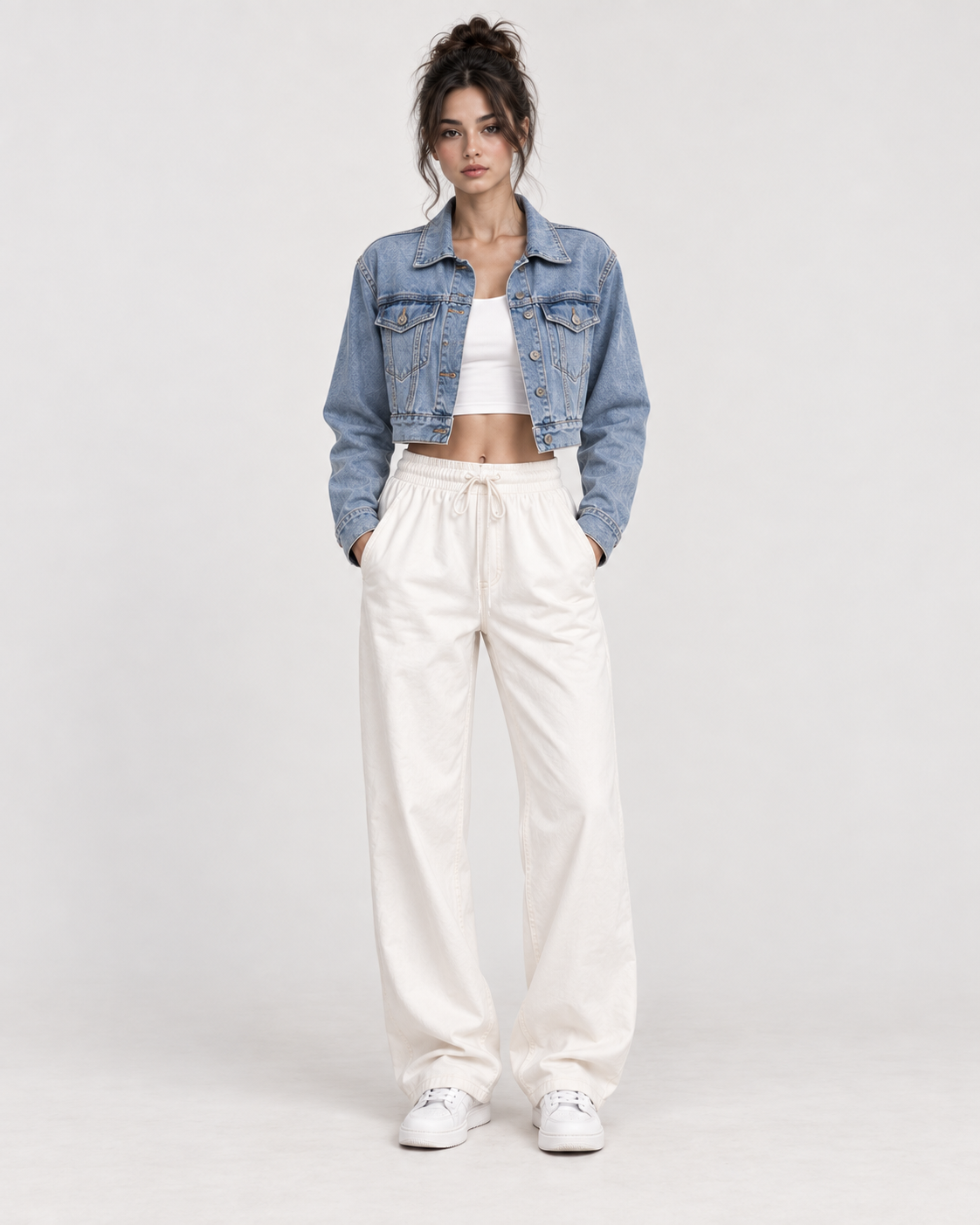 A model in a cropped denim jacket, white tank, and wide-leg cream trousers